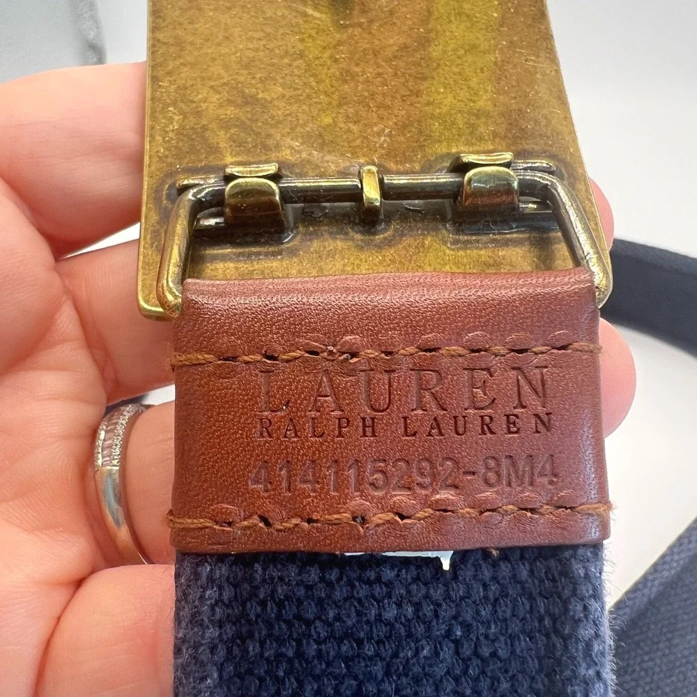 Lauren Ralph Lauren Cloth Belt Star Buckle Navy Brown Leather Vintage Y2K